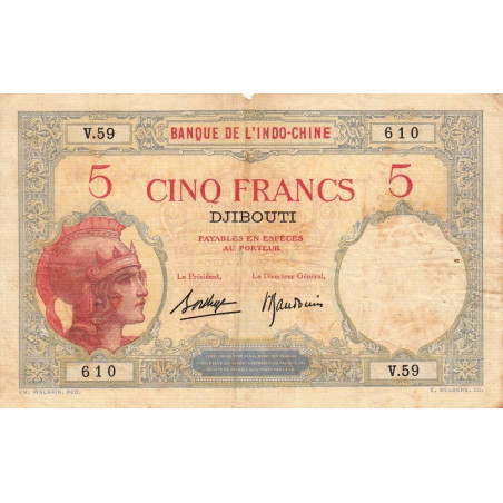 Djibouti - Pick 6b_2 - 5 francs - Série V.59 - 1937 - Etat : TB