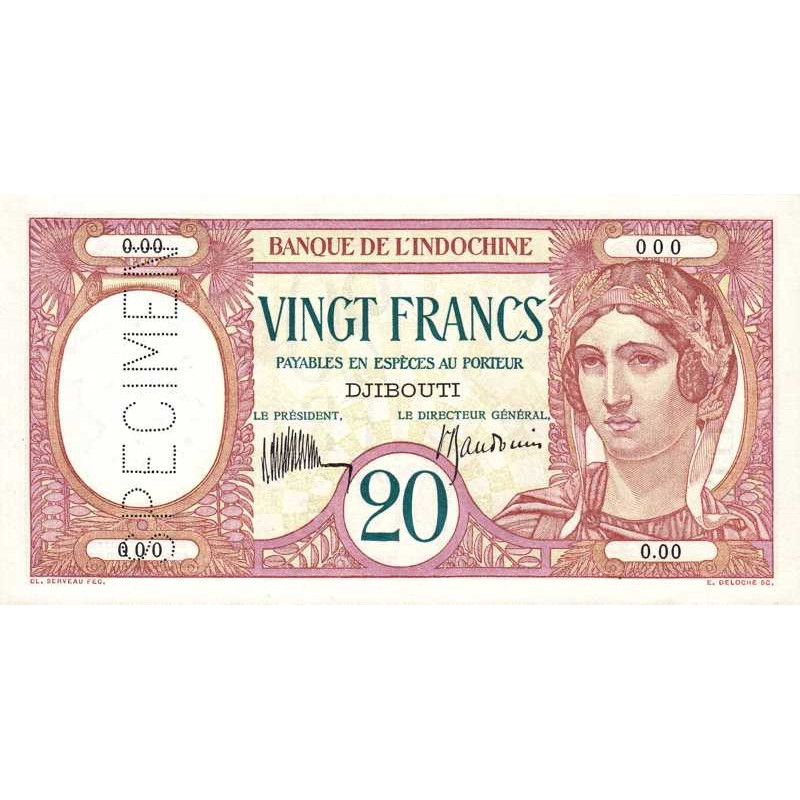 Djibouti - Pick 7as - 20 francs - Série 0.00 - 1936 - Spécimen - Etat : pr.NEUF