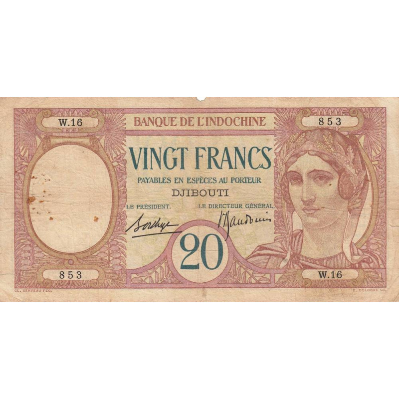 Djibouti - Pick 7b - 20 francs - Série W.16 - 1937 - Etat : TB