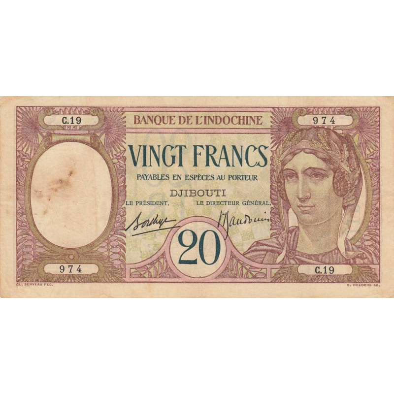 Djibouti - Pick 7b - 20 francs - Série C.19 - 1937 - Etat : TB