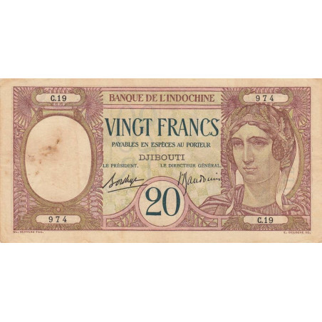 Djibouti - Pick 7b - 20 francs - Série C.19 - 1937 - Etat : TB