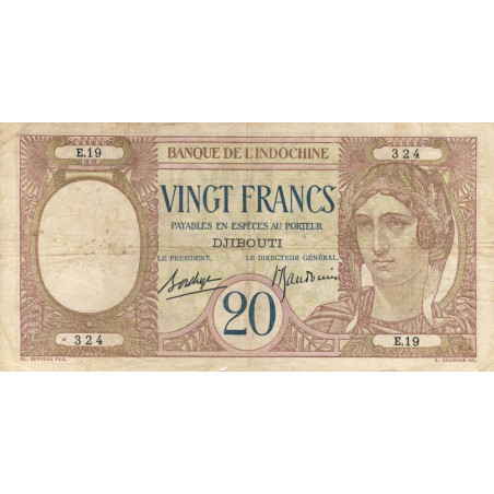 Djibouti - Pick 7b - 20 francs - Série R.19 - 1937 - Etat : TB