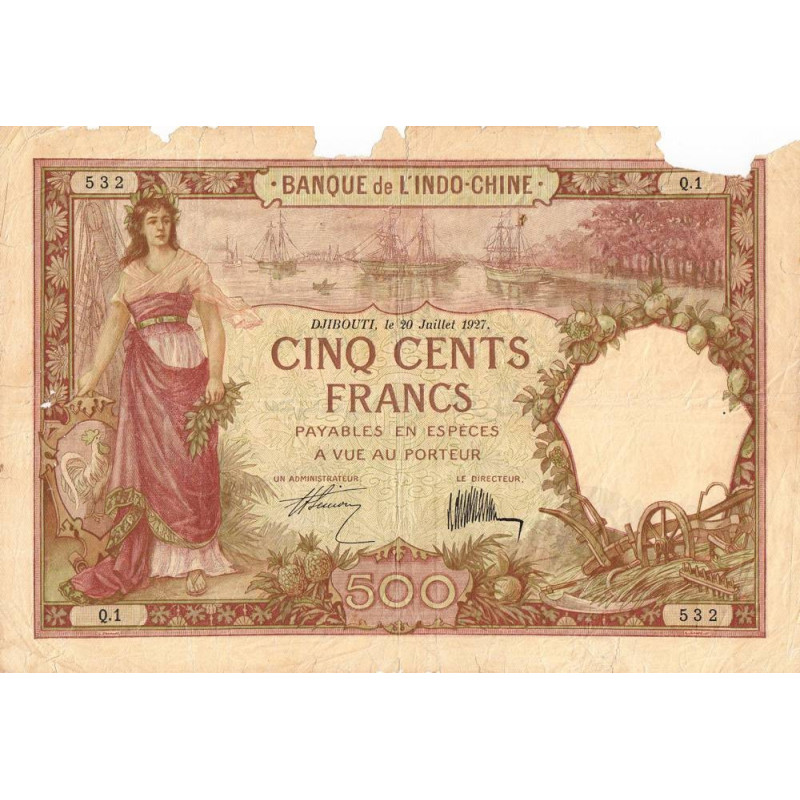 Djibouti - Pick 9a - 500 francs - Série Q.1 - 20/07/1927 - Etat : B-