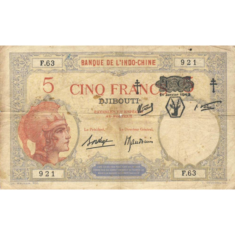 Djibouti - Pick 11 - 5 francs - 01/01/1943 - Etat : TB-