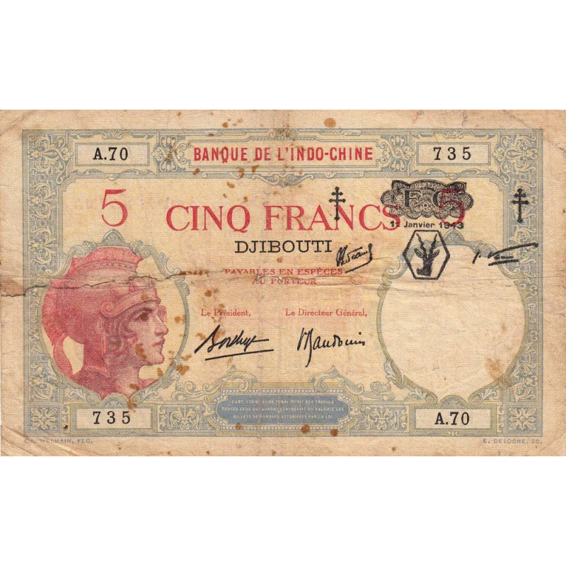 Djibouti - Pick 11 - 5 francs - 01/01/1943 - Etat : B-