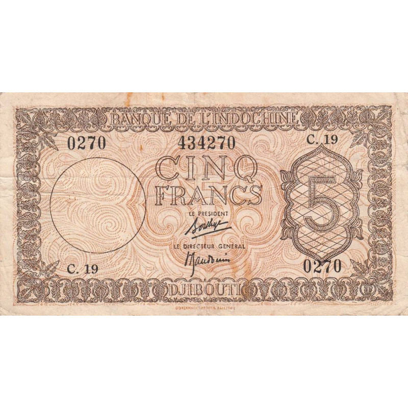 Djibouti - Pick 14 - 5 francs - Série C.19 - 1944 - Etat : TB+
