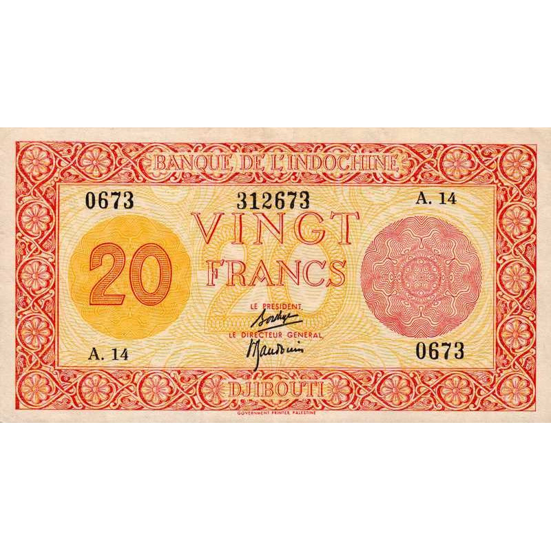 Djibouti - Pick 15 - 20 francs - Série A.14 - 1944 - Etat : SUP