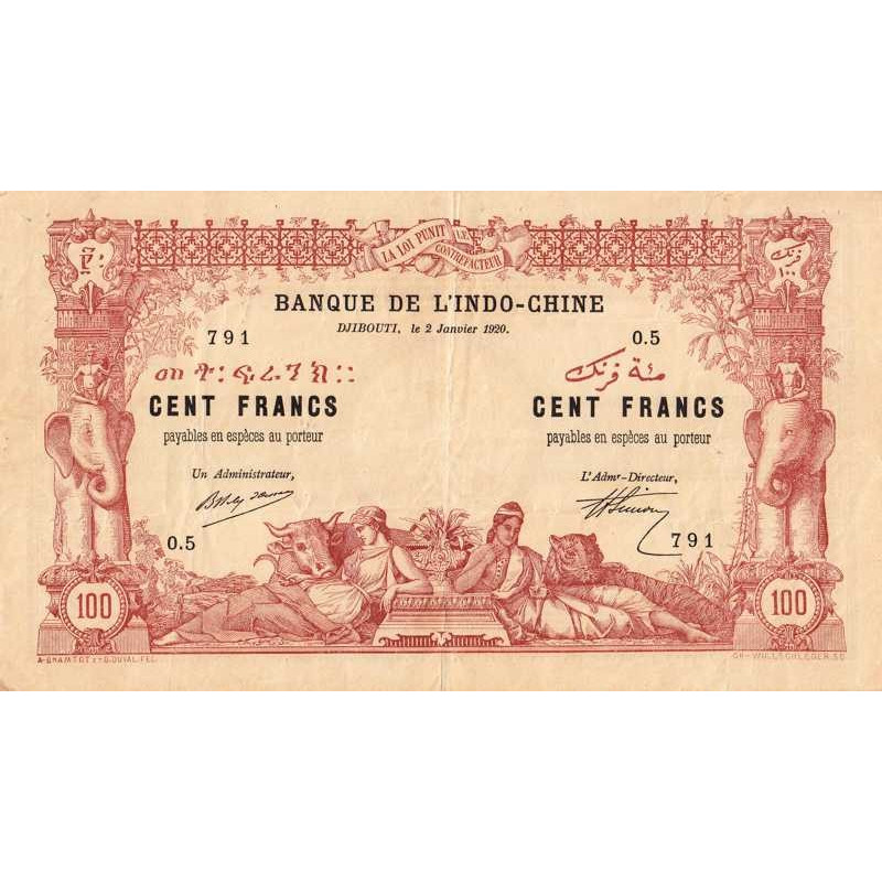 Djibouti - Pick 5 - 100 francs - Série O.5 - 02/01/1920 - Etat : SUP-