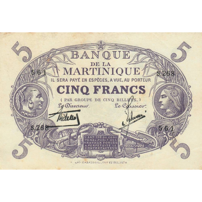 Martinique - Pick 6_2 - 5 francs - Série S.286 - 1934 - Etat : SUP