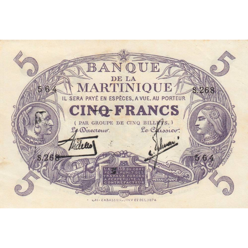 Martinique - Pick 6_2 - 5 francs - Série S.286 - 1934 - Etat : SUP