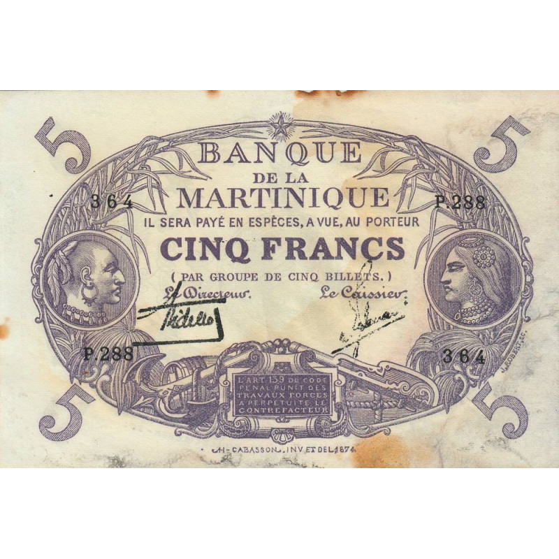Martinique - Pick 6_2 - 5 francs - Série P.288 - 1934 - Etat : TB