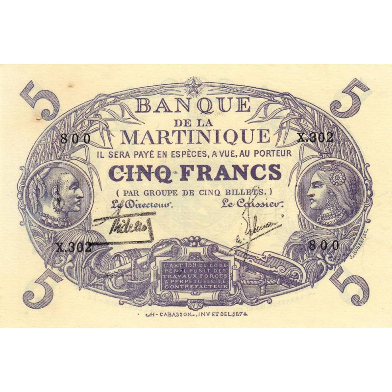 Martinique - Pick 6_2 - 5 francs - Série X.302 - 1934 - Etat : SUP