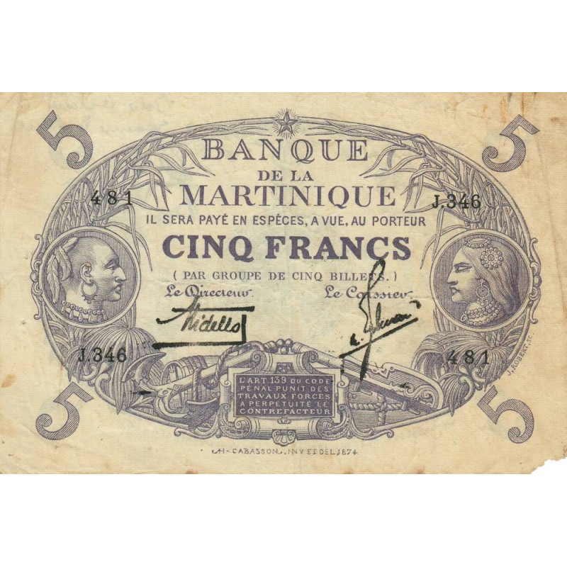 Martinique - Pick 6_2 - 5 francs - Série J.346 - 1934 - Etat : TB