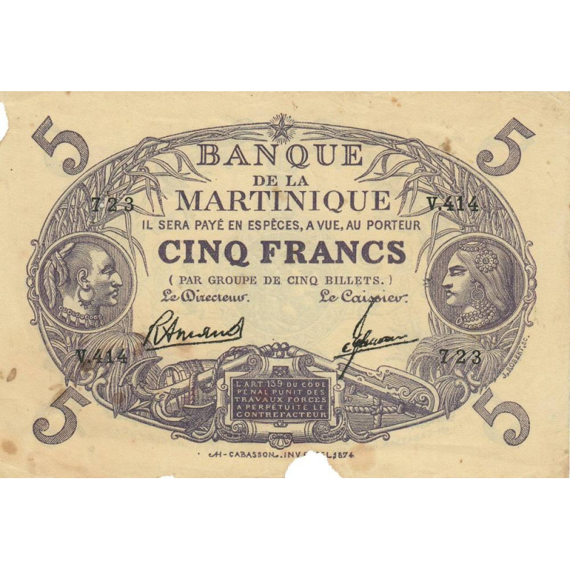 Martinique - Pick 6_3 - 5 francs - Série V.414 - 1945 - Etat : TB-