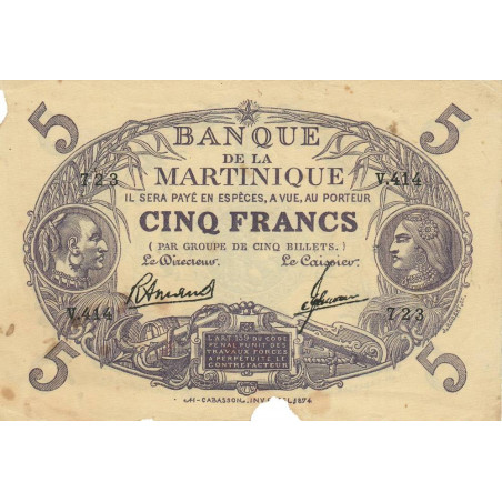 Martinique - Pick 6_3 - 5 francs - Série V.414 - 1945 - Etat : TB-