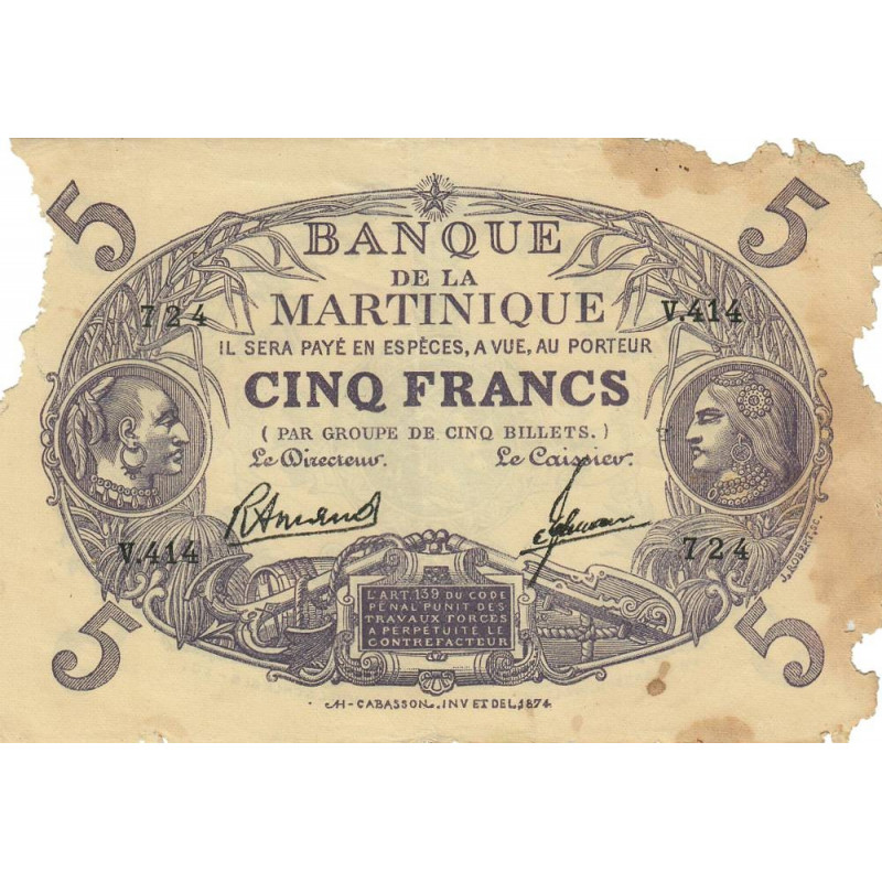Martinique - Pick 6_3 - 5 francs - Série V.414 - 1945 - Etat : AB