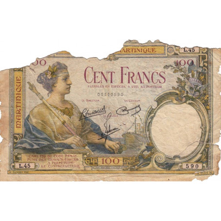 Martinique - Pick 13-5 - 100 francs - 1945 - Etat : AB-