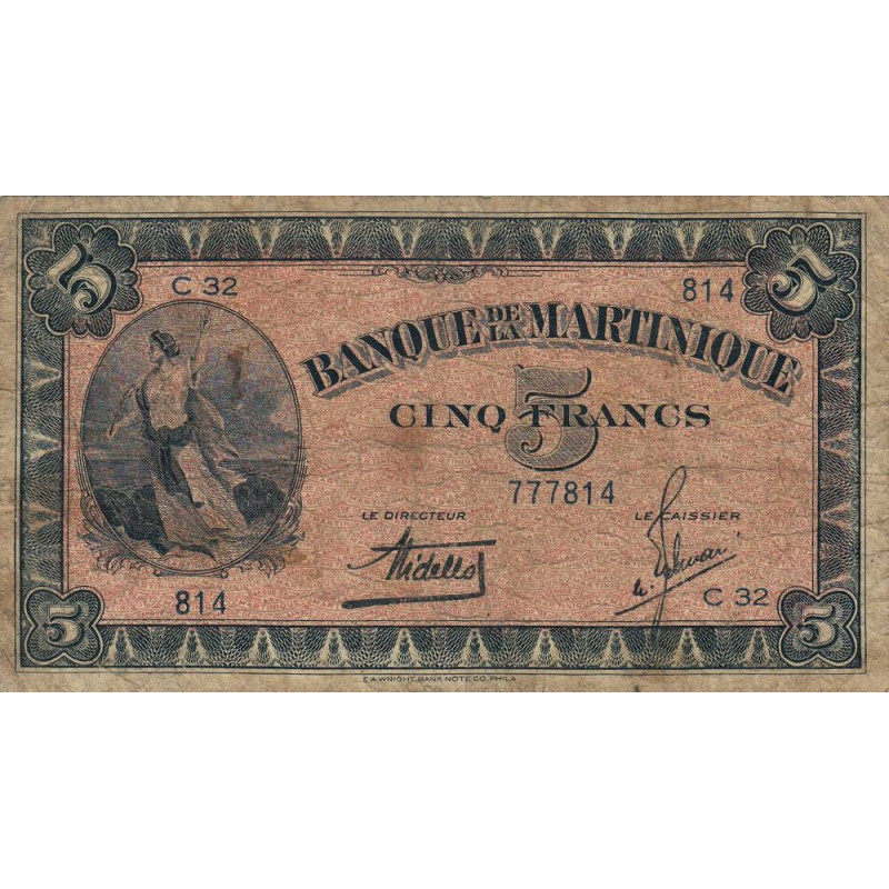 Martinique - Pick 16-1 - 5 francs - 1942 - Etat : B+