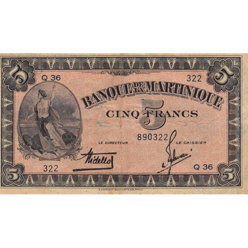 Martinique - Pick 16-1 - 5 francs - 1942 - Etat : TB+