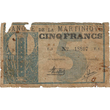 Martinique - Pick 16A - 5 francs - 1941 - Etat : B-