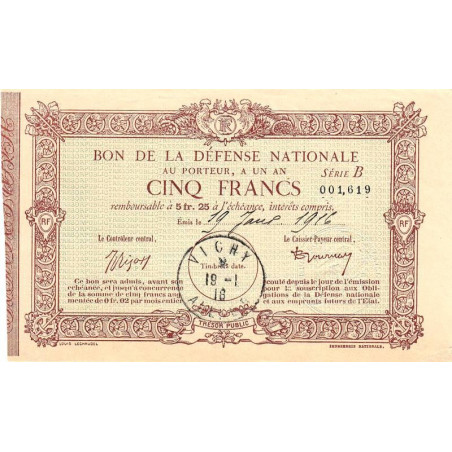 03 - Vichy - Bon de la Défense Nationale - 1916 - 5 francs - Série C - Etat : SPL