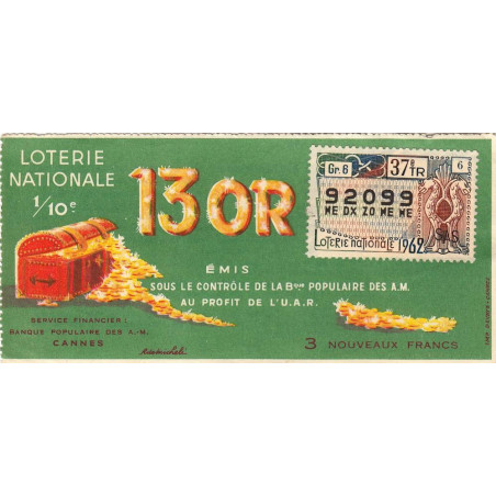 1962 - Loterie Nationale - 37e tranche - 1/10ème - Trésor