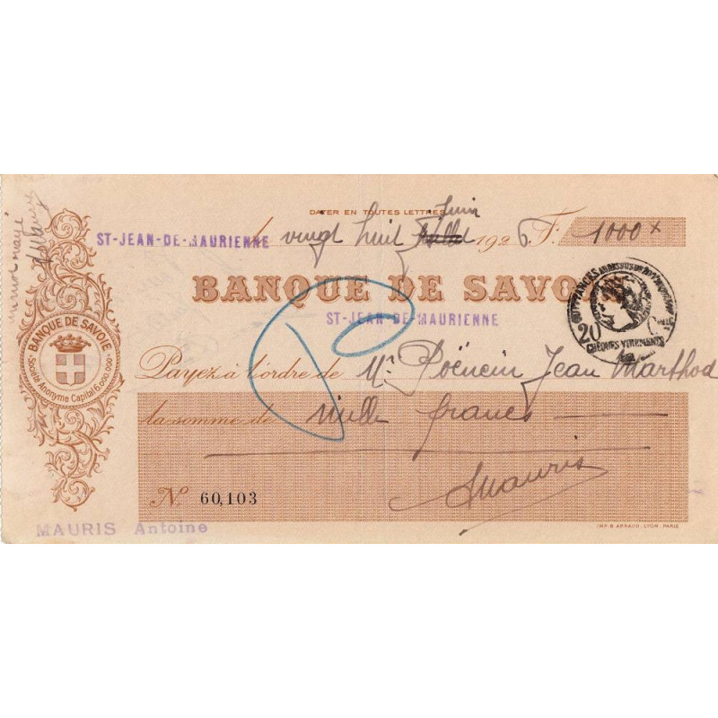 Banque de Savoie - St-Jean-de-Maurienne - 1926 - Etat : TTB+