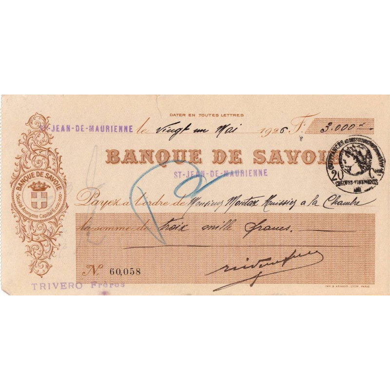 Banque de Savoie - St-Jean-de-Maurienne - 1926 - Etat : TTB