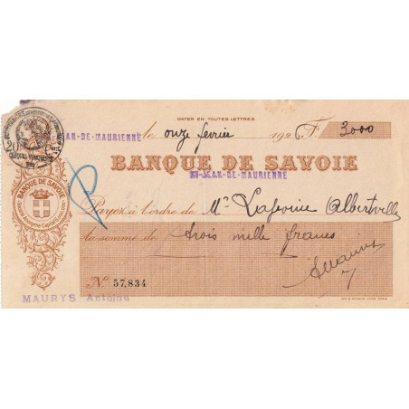 Banque de Savoie - St-Jean-de-Maurienne - 1926 - Etat : TB+