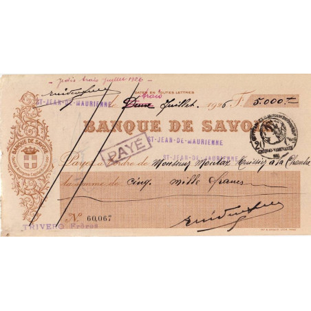 Banque de Savoie - St-Jean-de-Maurienne - 1926 - Etat : TTB+