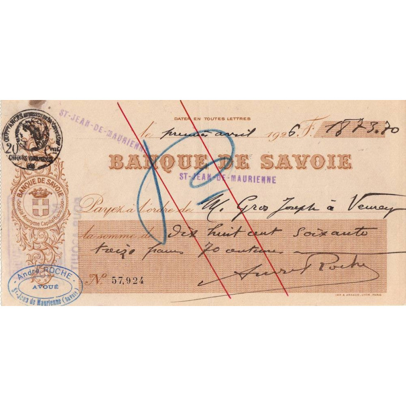 Banque de Savoie - St-Jean-de-Maurienne - 1926 - Etat : TTB+