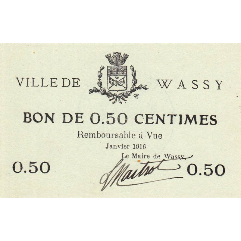 52 - Pirot 43 - Wassy - 50 centimes - Janvier 1916 - Etat : SPL à NEUF