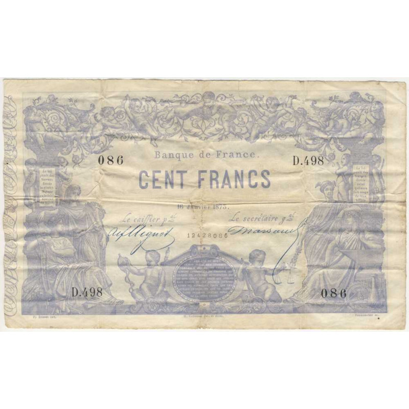F A39-09 - 16/01/1873 - 100 francs - Indices - Noirs - Etat : TB+