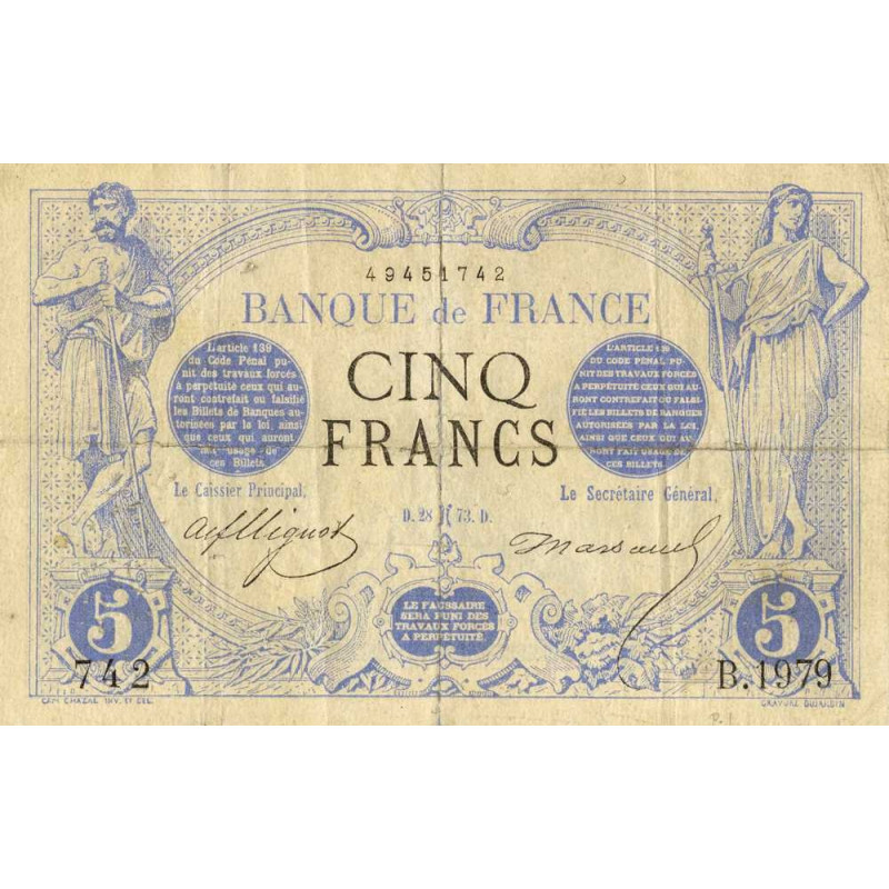 F 01-15 - 28/02/1873 - 5 francs - Noir - Série B.1979 - Etat : TTB
