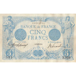 F 02-09 - 09/09/1912 - 5 francs - Bleu - Série E.919 - Etat : TTB+