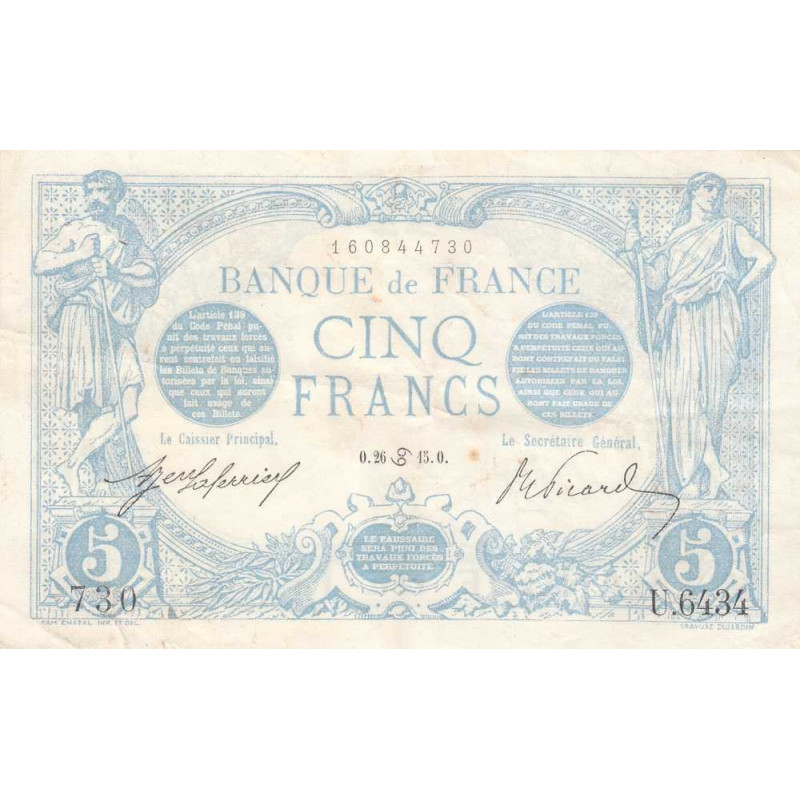 F 02-28 - 28/06/1915 - 5 francs - Bleu - Série U.6434 - Etat : TTB+