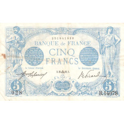 F 02-43 - 25/09/1916 - 5 francs - Bleu - Etat : TTB+