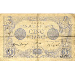 F 02bis-04 - 19/07/1916 - 5 francs - Bleu lion inversé - Série Y.12930 - Etat : TB