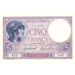 F 03-01 - 10/12/1917 - 5 francs - Violet - Etat : SUP