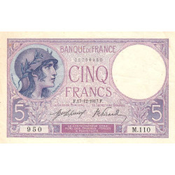 F 03-01 - 17/12/1917 - 5 francs - Violet - Série M.110 - Etat : TTB+
