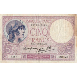 F 04-16 - 05/12/1940 - 5 francs - Violet modifié - Série O.66873 - Etat : TB