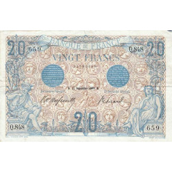 F 10-01 - 11/09/1906 - 20 francs - Bleu - Série Q.848 - Etat : TTB