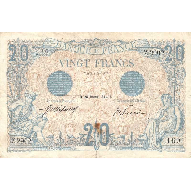 F 10-02 - 18/11/1912 - 20 francs - Bleu - Série Z.2092 - Etat : TTB-