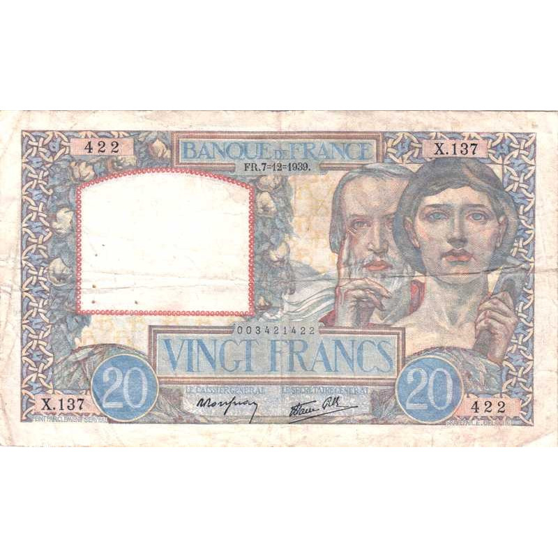 F 12-01 - 07/12/1939 - 20 francs - Science et Travail - Série X.137 - Etat : TB