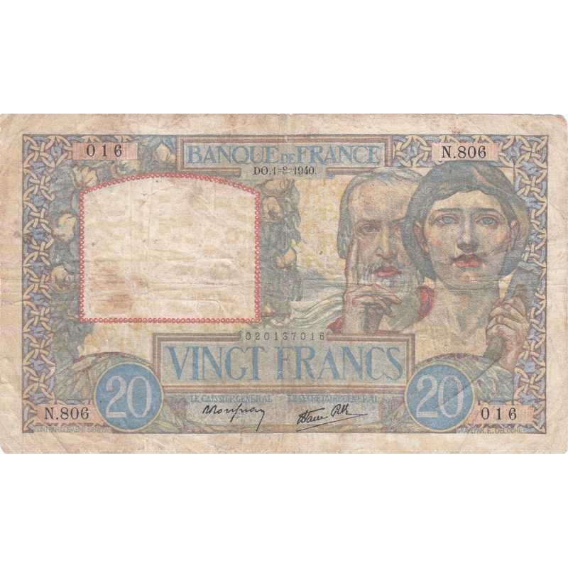 F 12-05 - 01/08/1940 - 20 francs - Science et Travail - Série N.806 - Etat : B+