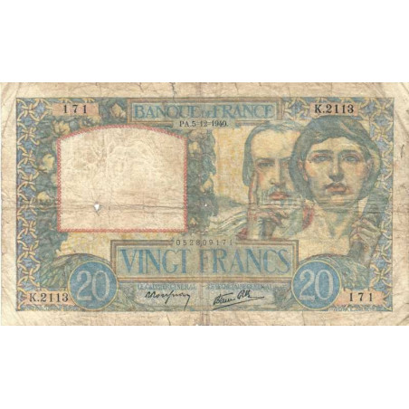 F 12-10 - 05/12/1940 - 20 francs - Science et Travail - Série K.2113 - Etat : B+