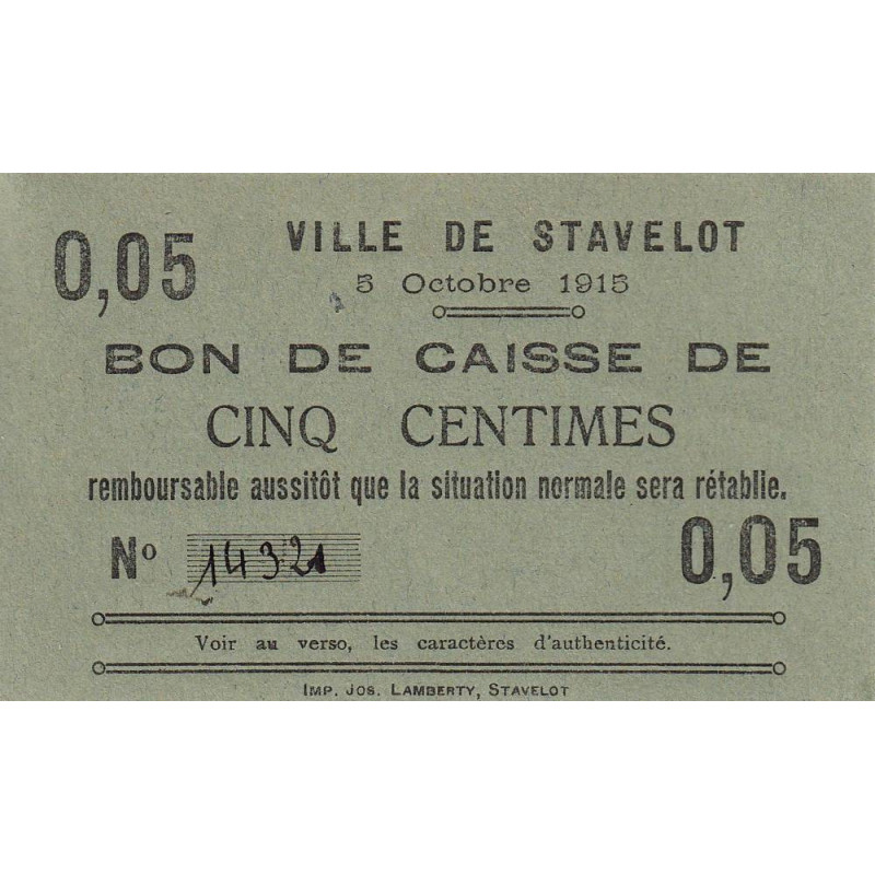 Belgique - Stavelot - ST45 - 5 centimes - 05/10/1915 - Etat : SPL à NEUF