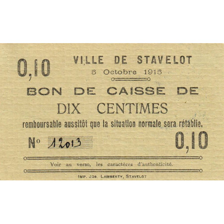 Belgique - Stavelot - ST51 - 10 centimes - 05/10/1915 - Etat : SPL à NEUF