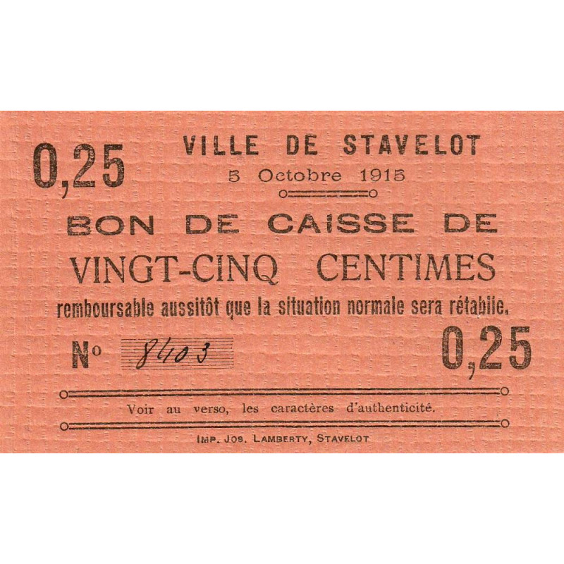 Belgique - Stavelot - ST59 - 25 centimes - 05/10/1915 - Etat : SPL à NEUF