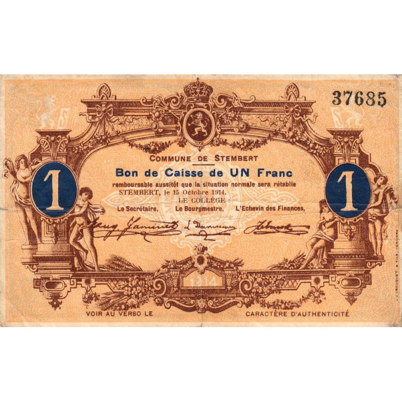 Belgique - Stemberg - ST128 - 1 franc - 15/10/1914 - Etat : TB+